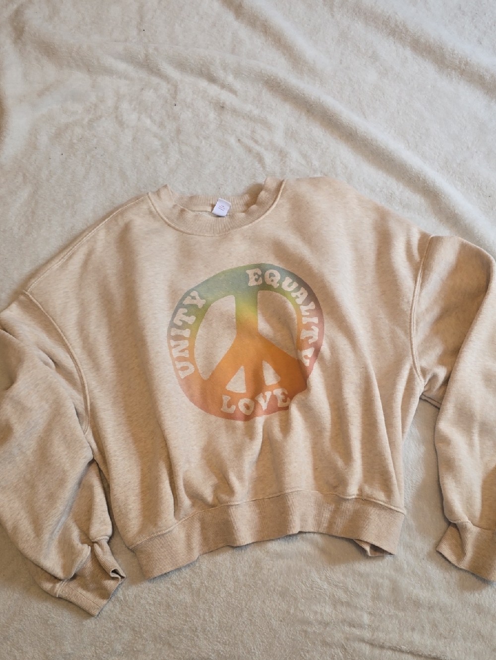 Old Navy Beige Crewneck Sweatshirt with Rainbow Peace Graphic